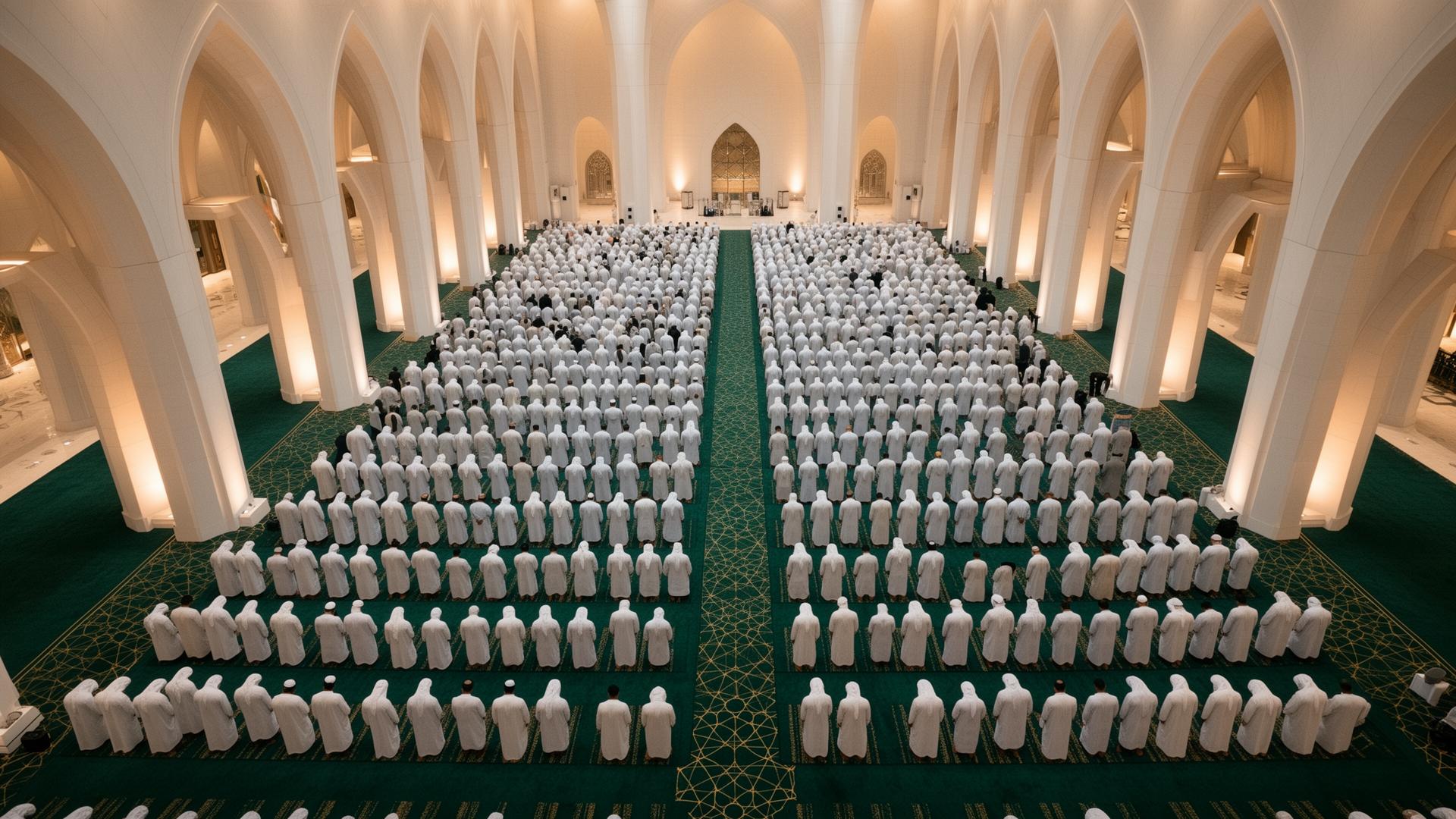 Aerial view of worshippers standing in unified prayer rows inside a vast mosque