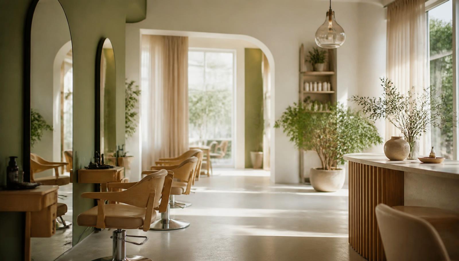 Sunlit modern salon interior with sage green walls, oak styling chairs and plants