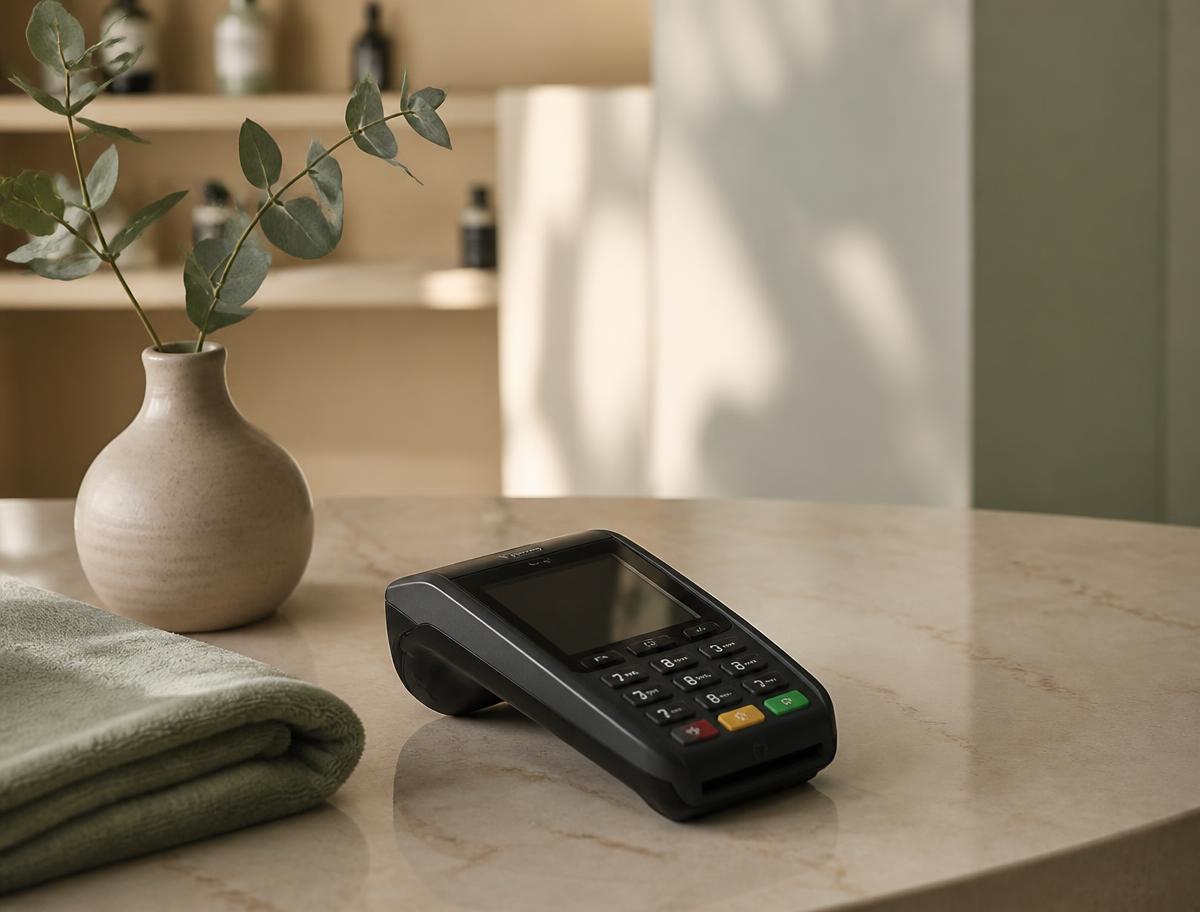 Card payment terminal resting on a cream stone salon counter beside a ceramic vase