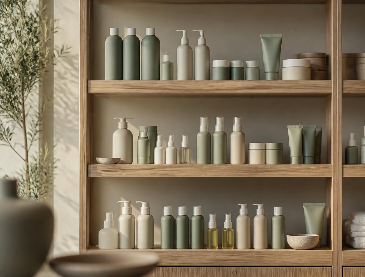 Neatly arranged haircare and skincare products on light oak retail shelving in a salon
