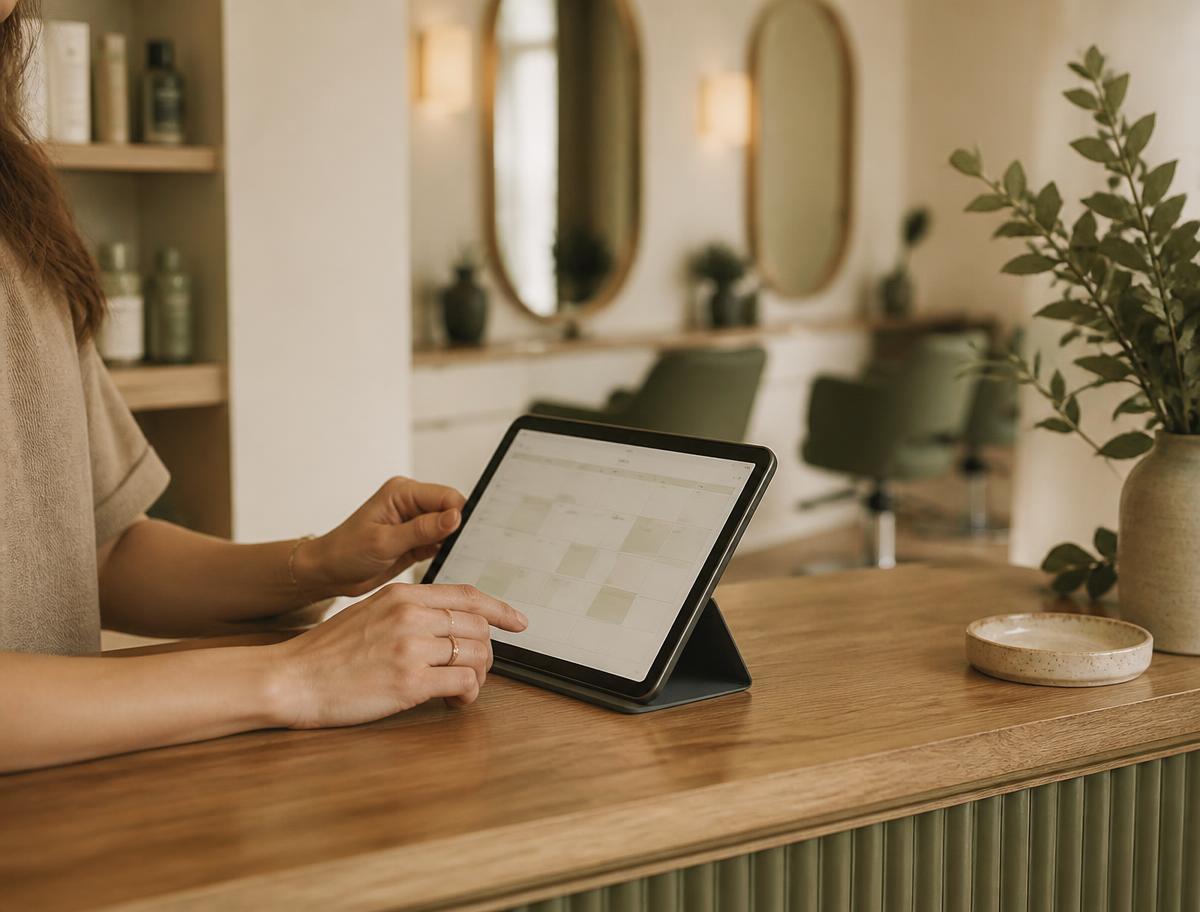 Salon receptionist checking the day's appointment calendar on a tablet at a wooden front desk