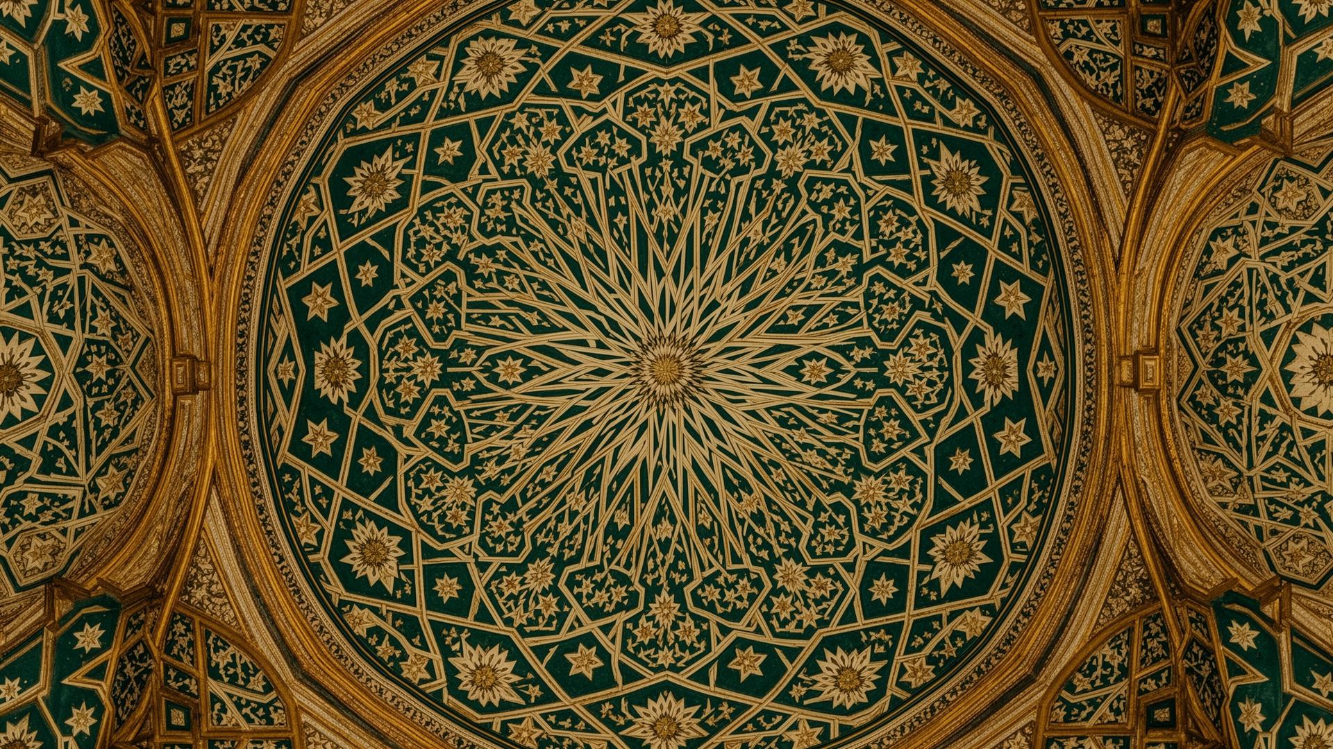 Intricate Islamic geometric ceiling pattern in deep emerald and antique gold