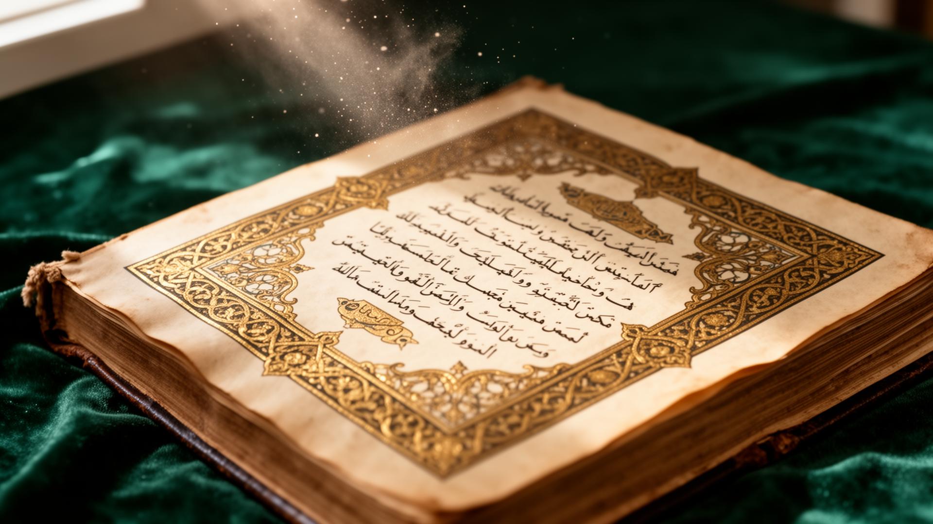 Antique Qur'an with gold-illuminated arabesque borders on emerald velvet